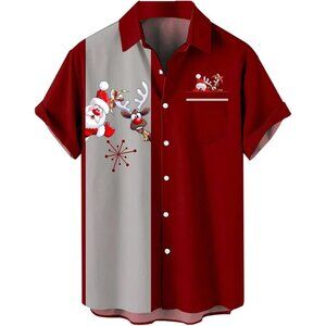 Mens Christmas Funky Santa Button Down Printed Short Sleeve Bowling Shirts